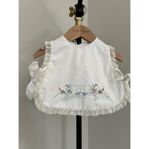 Vintage Handmade White Eyelet Pinafore Apron | Embroidered Floral Topper
